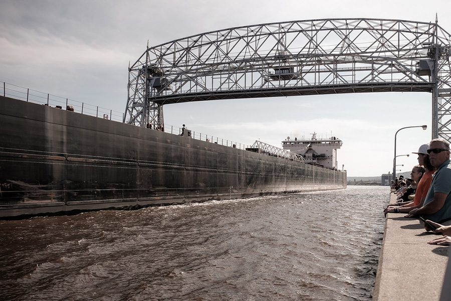 Ship passing through canal park in Duluth, Minnesota.