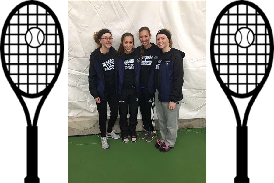 A small group of the girls tennis team (From left to right, Isabel Gugger, 12, Kellie Loscheider, 12, Maddie Goetz, 12, Maggie Kulus, 12)