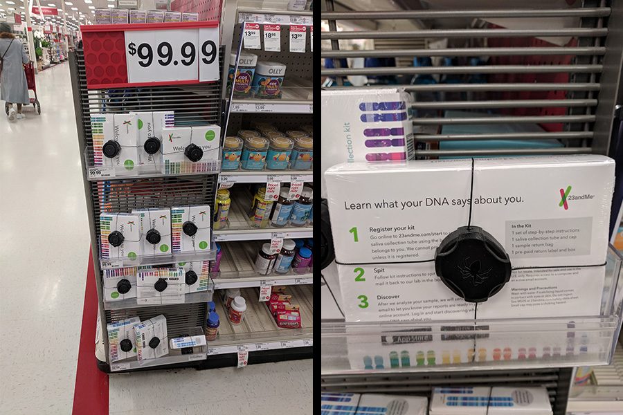 You can find most of these at-home DNA kits in the aisles of stores. These 23andMe kits were found on an aisle end cap at Target.