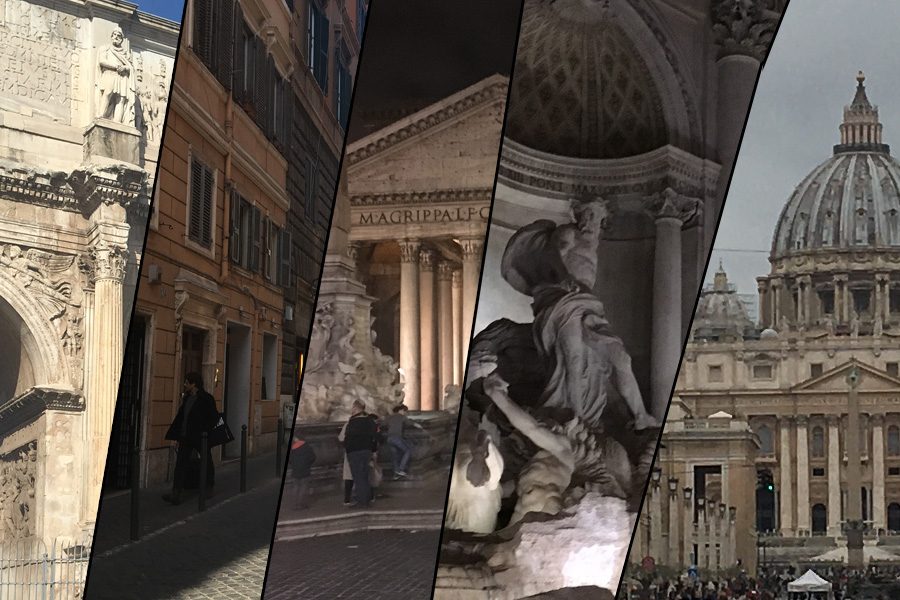 A collage of a bunch of different locations to visit in historical rome.