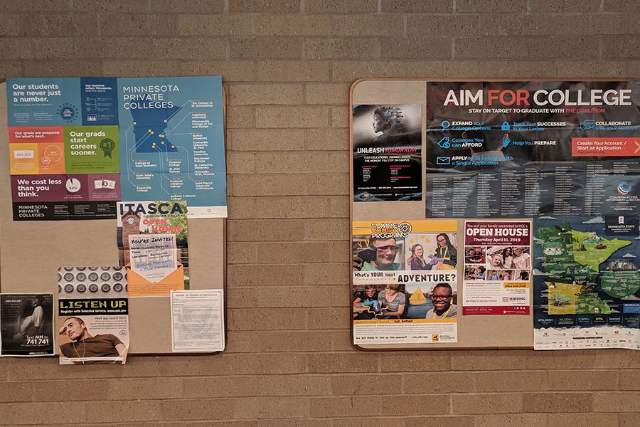 College flyers hang outside of the counseling office for students to legally get into the college of their dreams. 