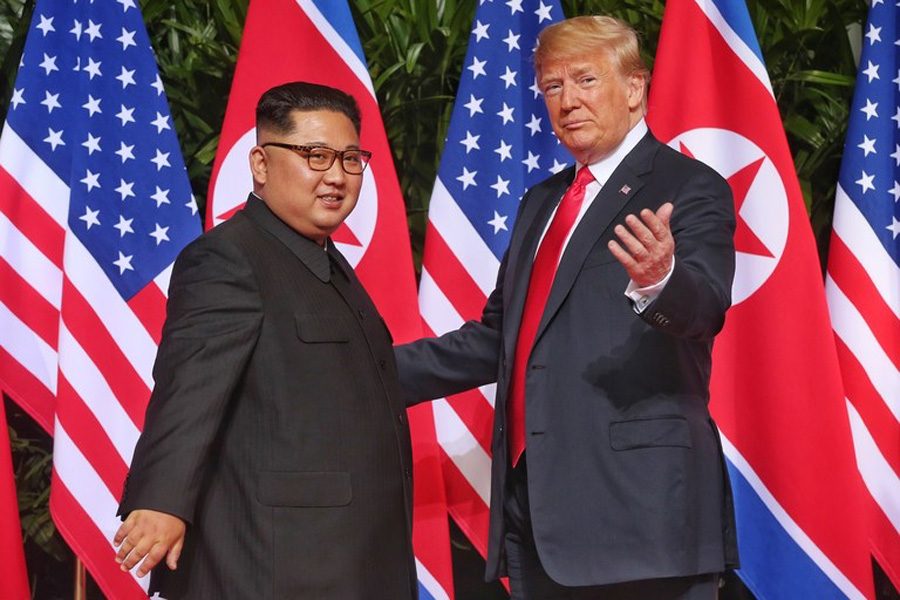 United States President Trump and North Korean Supreme Leader Kim Jong-un meeting for negotiations. 