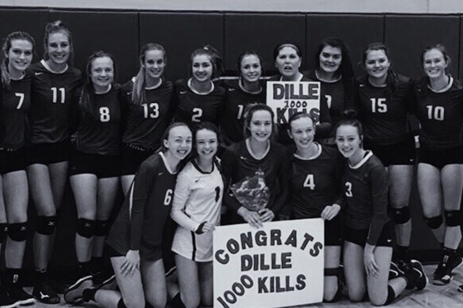 The Sartell Volleyball team congrats Elizabeth Dille on her 1000 career kills while on varsity