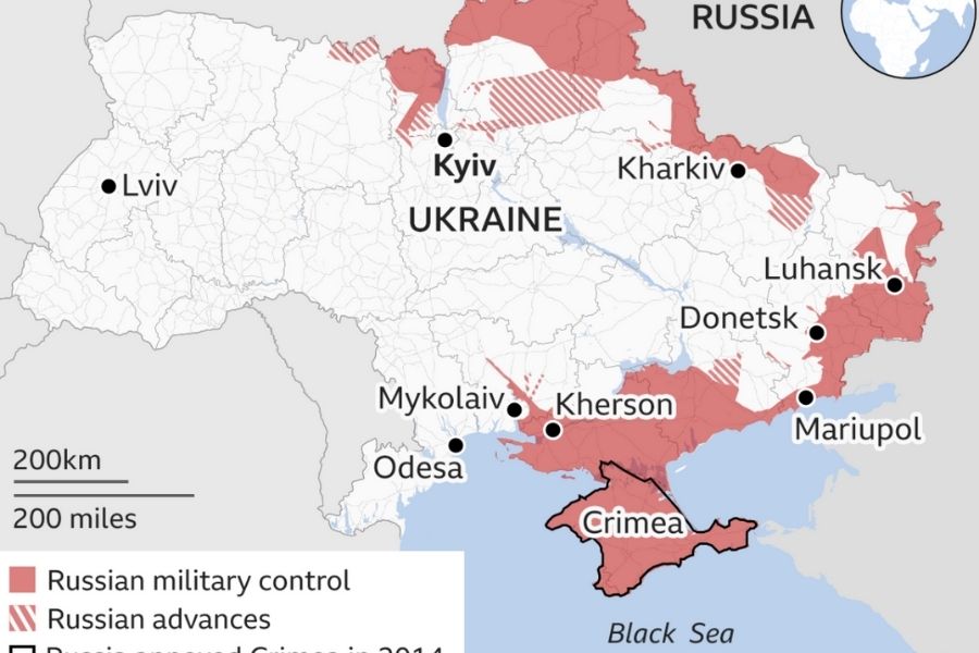 Russia occupies the red areas on the map of Ukraine