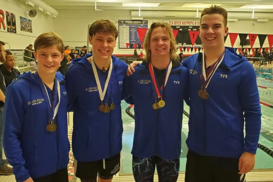 Shown here is the 200 freestyle relay that will be competing, from left to right is Jackson Hovda, Truett Carlson, George Larson, and Cameron Schreifels. 
