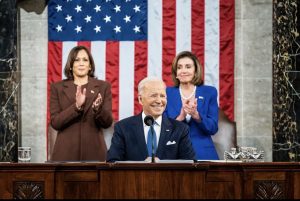 President Biden, Vice President Harris, and Speaker Pelosi at the State of the Union Address.