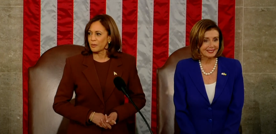 Vice President Kamala Harris and Speaker of the House Nancy Pelosi speak before the State of the Union address.