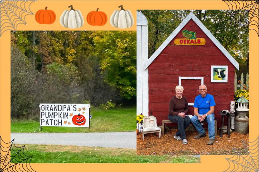 Grandpas Pumpkin Patch road sign along with owners, Dick and Elaine Hanson, smiling in front of the picture area.