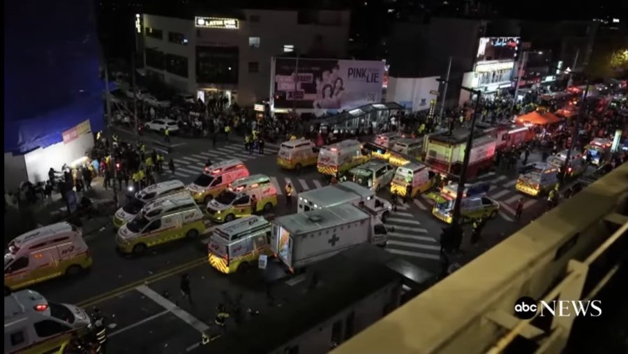 Ambulances were at the street of Itaewon to rescue people from the stampede.