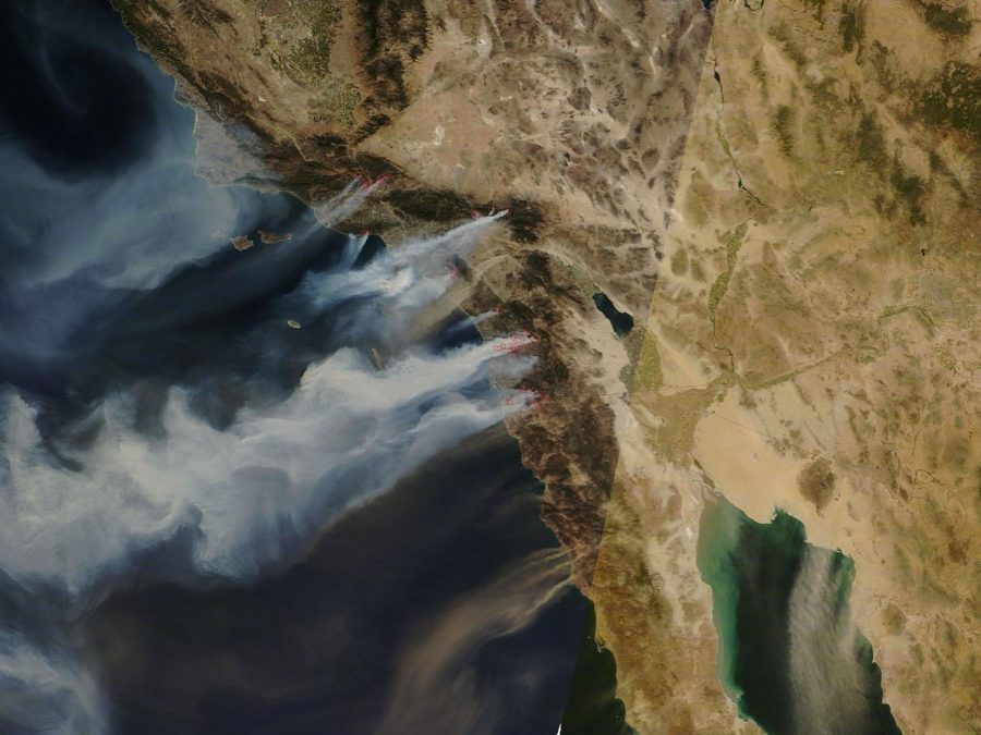 A satellite view of wildfires along Californias coastal La Jolla area in October 2007.