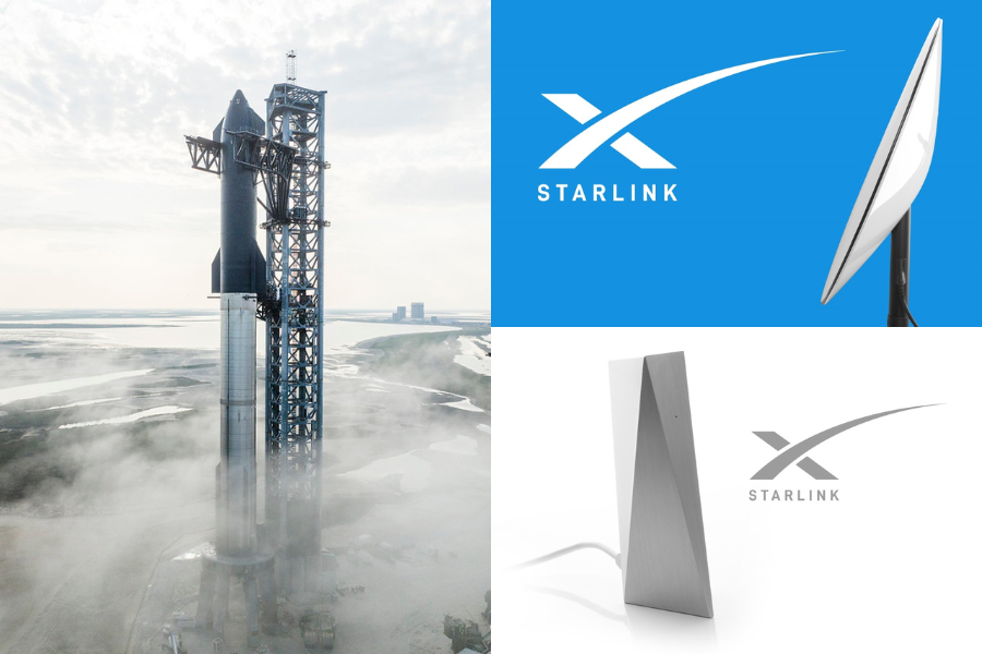 Starlink rocket holding on the platform preparing for launch and the starlink satellite and router 