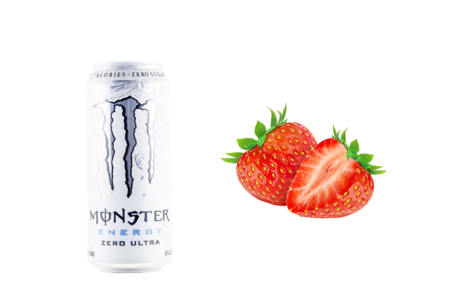 A strawberry monster is made by combining the zero ultra flavored Monster Energy Drink, strawberry syrup, and ice. 