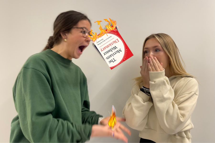 Ashlyn Swanson and Elizabeth Jarnot are shocked the dictionary is on fire. 