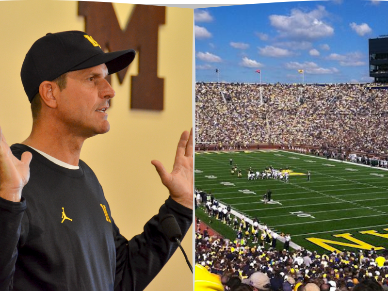 Jim Harbaugh faces sentencing until college football playoffs as further investigation takes place. Photo via Maize and Blue Nation wikimedia under creative commons license and Photo via Steven Depolo Flickr under the creative common license.