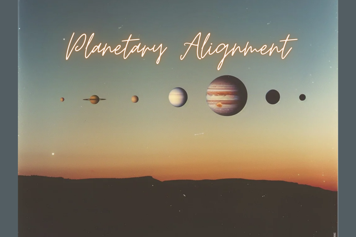 A rare seven planet alignment predicted to occur around February 28, 2025. Planetary Alignment Illusion  by Stockcake is licensed under CC0 1.0 Universal.

