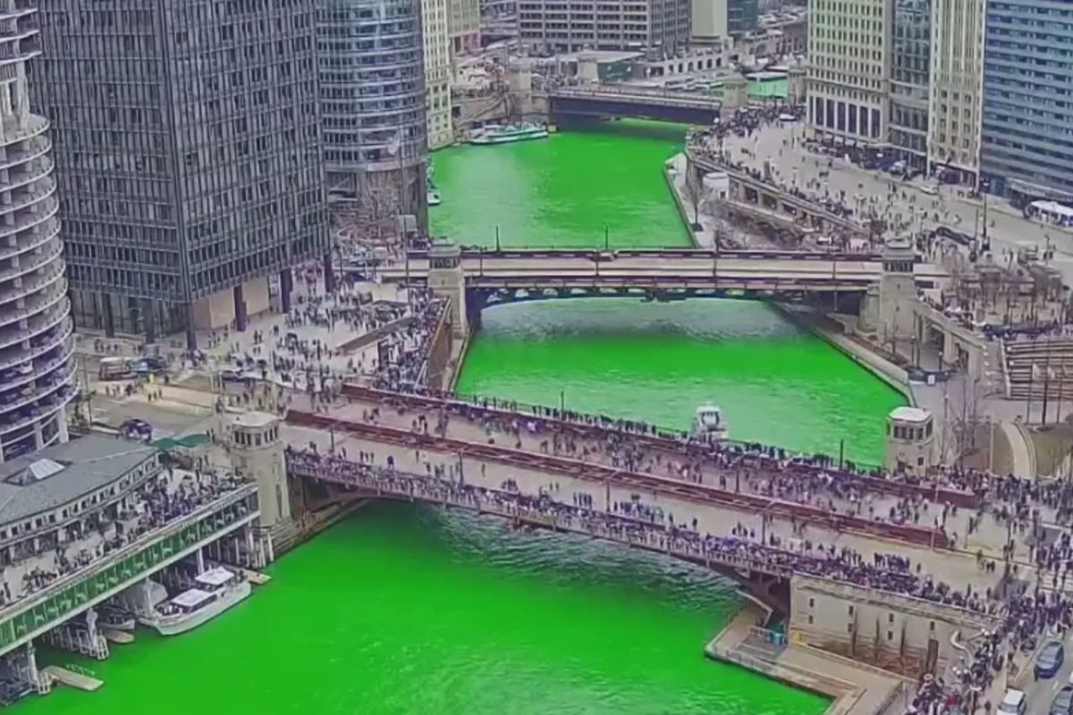 The Chicago River is dyed green every year for St. Patrick's Day. Watch: The Chicago River Goes Green by Fox TV Digital Team is licensed under Fair Use Photo.