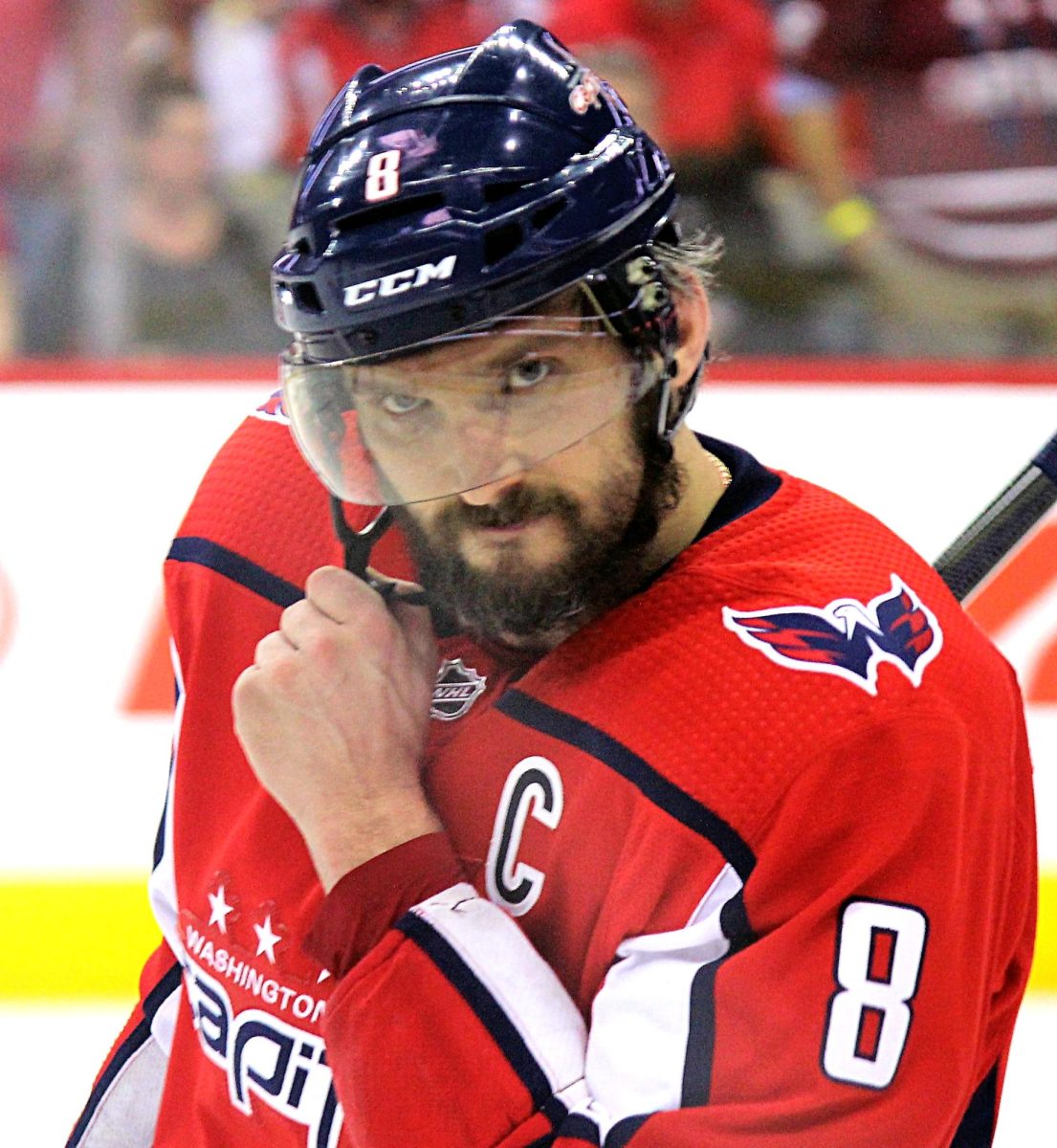 Ovechkin warming and getting ready for his second to last game before breaking the goal record.Alex Ovechkin by Michael Miller is licensed under CC BY-SA 4.0.