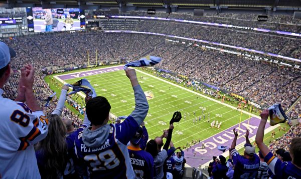 Jan 15, 2023; Minneapolis, Minnesota, USA; Minnesota Vikings fans cheer during the second quarter of a wild card game against the New York Giants at U.S. Bank Stadium. Mandatory Credit: Jeffrey Becker-USA TODAY Sports     TPX IMAGES OF THE DAY