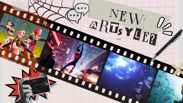 In the filmtape it shows movies, "Kpop Demon Hunters", "Into the Spiderverse", "Arcane", and "Flow". It shows both the action and smooth fluidity of the lines. All are fair used photos from Netflix, Openverse Creative Commons, Gamerant, and Amazon. 