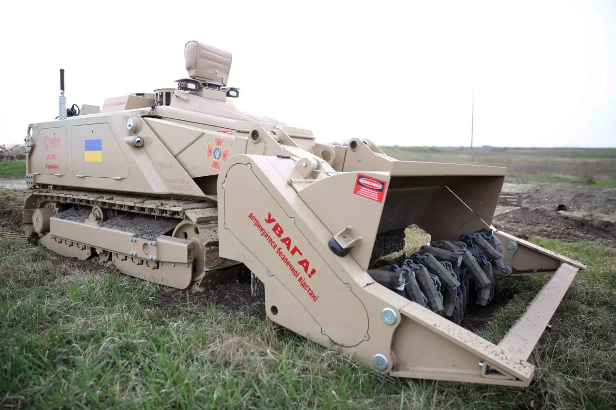 Demining vehicle awaiting it's next mission in the Kherson region of Ukraine. Demining in Kherson Oblast by Ministry of Internal Affairs (Ukraine) is licensed under CC BY 4.0.