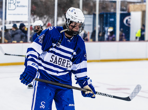 Jace Jansky playing in an outdoor hockey game against Cloquet this past January. (Photo used with permission from Jace Jansky)