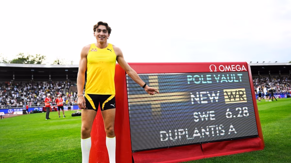 Mondo Duplantis after breaking his previous world record of 6.27 meters. Armand Duplantis by Fredrik Sandberg is licensed under CC by 4.0