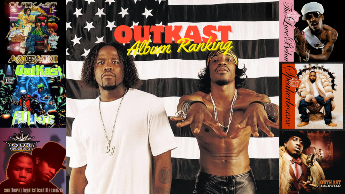 Outkast was ahead of their time with the creative and innovative music they made from 1994-2006 (fair use photos from LA FACE.INC, Arista Records, and LaFace Records, edited in canva)