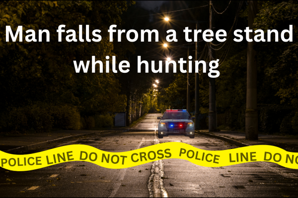 Man falls from tree stand Sheriff arrives and ambulances take him away shortly after. (Created with Canva AI)