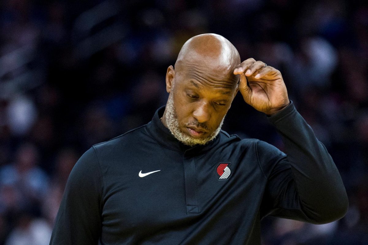 Oct 8, 2025; San Francisco, California, USA;  Portland Trail Blazers Head Coach Chauncey Billups reacts during a time-out in the second quarter against the Golden State Warriors at Chase Center. Mandatory Credit: John Hefti-Imagn Images