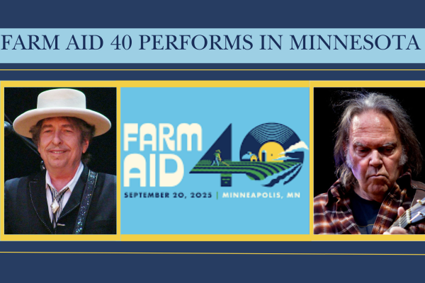 Singers Bob Dylan and Neil Young both are performers for Farm Aid 40 music festival to raise funds and awareness for farmers. Bob Dylan - Azkena Rock Festival 2010 1 (cropped).jpg by Alberto Cabello
 is licensed under 2.0 Generic.