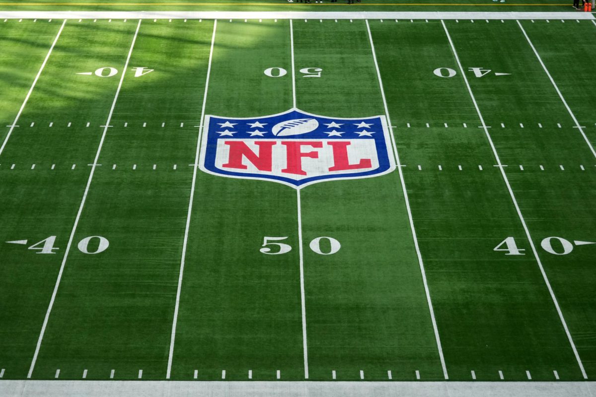 Oct 12, 2025; Tottenham, United Kingdom;The NFL shield logo a midfield during an NFL International Series game at Tottenham Hotspur Stadium. Mandatory Credit: Kirby Lee-Imagn Images