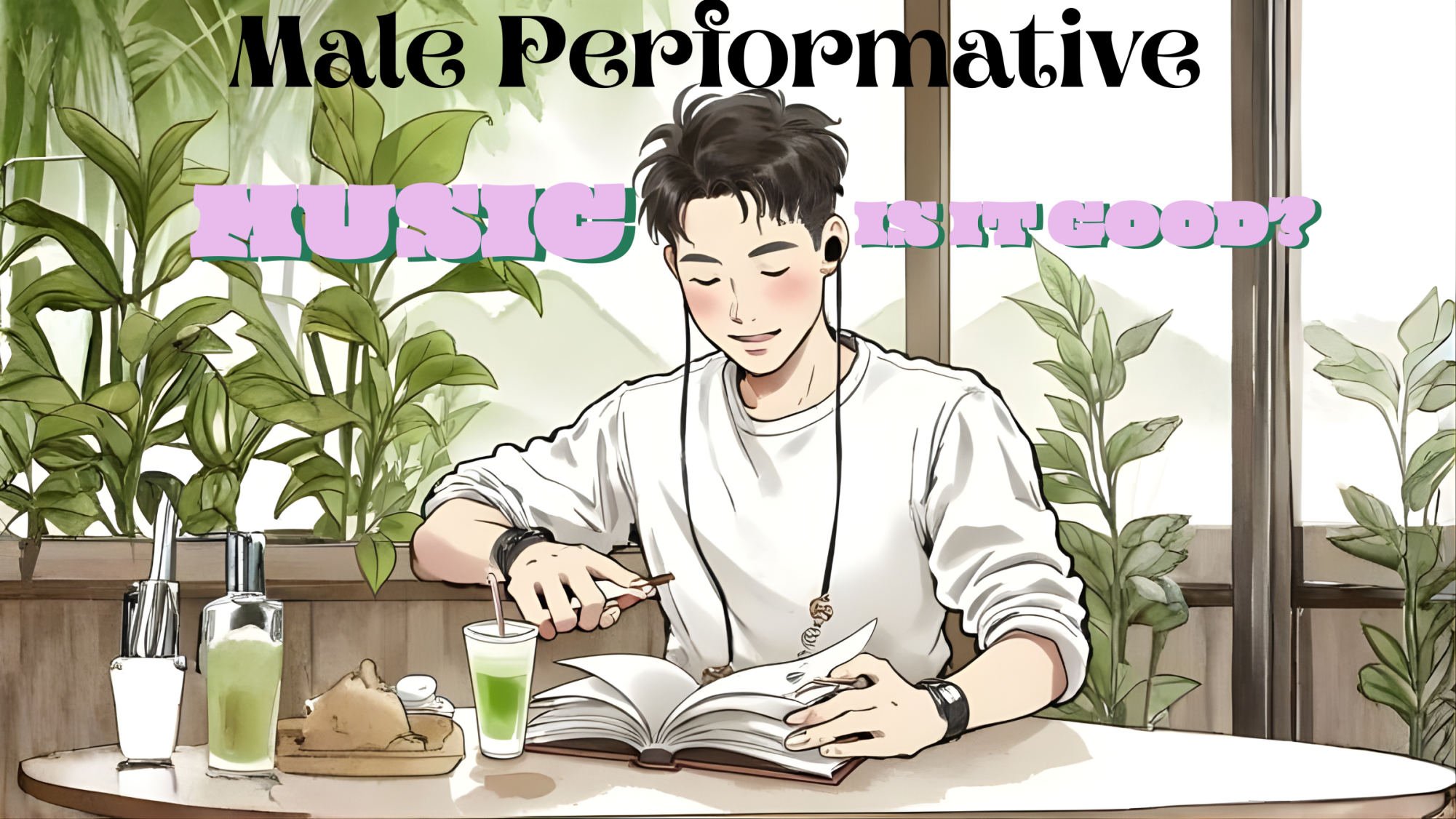 Man listens to music in a cafe while he drinks matcha. (AI generated photo and edited using canva).