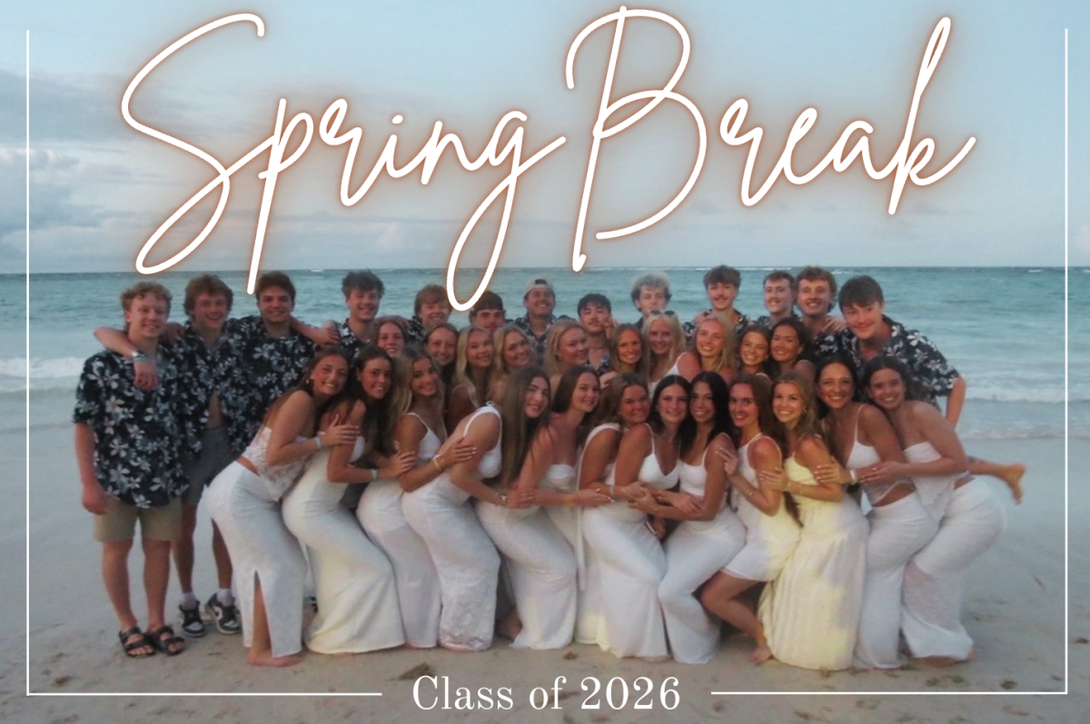 The seniors gathered up to take pictures on the beach for white night in Punta Cana. (Image made in Canva, used with permission from all)