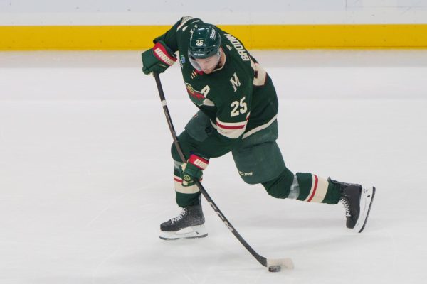Apr 14, 2026; Saint Paul, Minnesota, USA; Minnesota Wild defenseman Jonas Brodin (25) shoots against the Anaheim Ducks in the second period at Grand Casino Arena. Mandatory Credit: Matt Blewett-Imagn Images