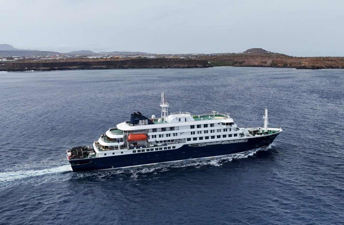A drone view of the cruise ship MV Hondius, carrying passengers suspected of having cases of hantavirus on board, leaves Praia, Cape Verde, May 6, 2026. REUTERS/Stringer